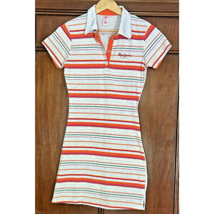 Pepe Jeans London T-Shirt Dress Grey Multicolored Stripes Top Stitching Logo Jrs